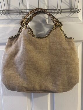 Beige Tote Bag with Patterned Trim and Handles